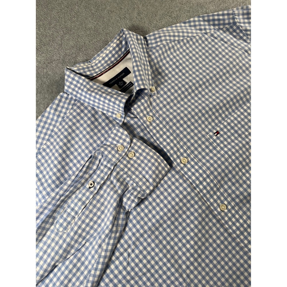 Tommy Hilfiger Mens XL Blue White Gingham Classic Fit Stretch Button Down Shirt